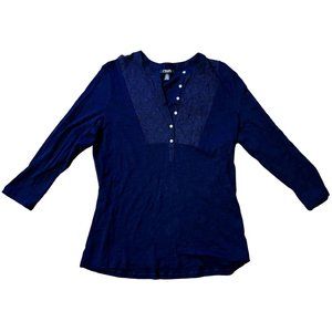 Chaps women's navy blue pullover v-neck top size L buttons & embroidery at neck